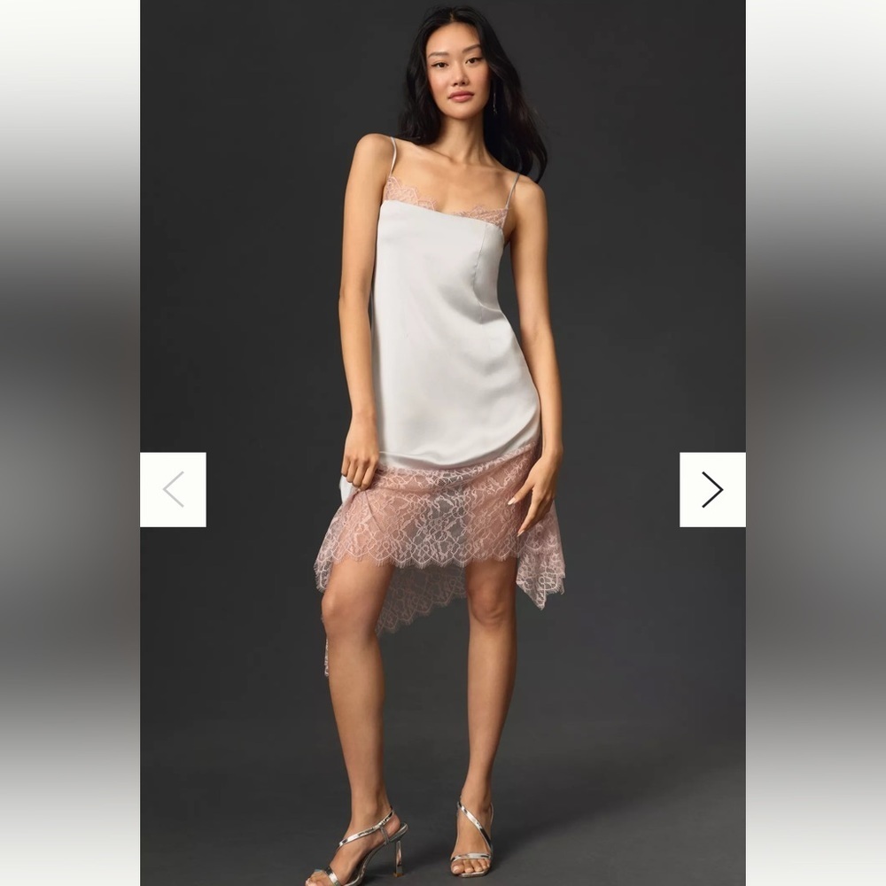 NWT By Anthropologie Lace-Trimmed Asymmetrical Midi Slip Dress US size 6 SILVER